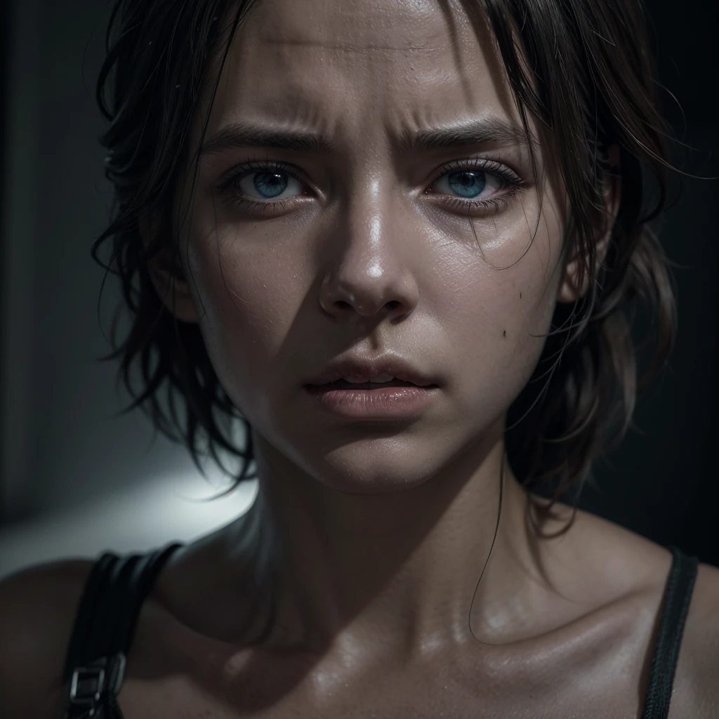 A hyperrealistic digital painting of Rick Grimes from The Walking Dead, shown in an intense moment as he shoots Michonne. The image features incredibly detailed and photorealistic elements, capturing the raw emotion and tension of the scene. Rick's face is contorted with a mix of determination and anguish, his eyes reflecting the gravity of the act. The background is dark and atmospheric, with dramatic lighting and chiaroscuro effects that create intense shadows and highlights. Michonne, caught in the moment of impact, is depicted with stunning realism, her expression a mix of shock and pain. The composition is masterful, showcasing the dynamic movement and intricate details of both characters. Rendered in ultra-detailed 8k resolution, the artwork achieves an award-winning level of digital artistry, capturing the cinematic and emotional depth of this climactic scene.