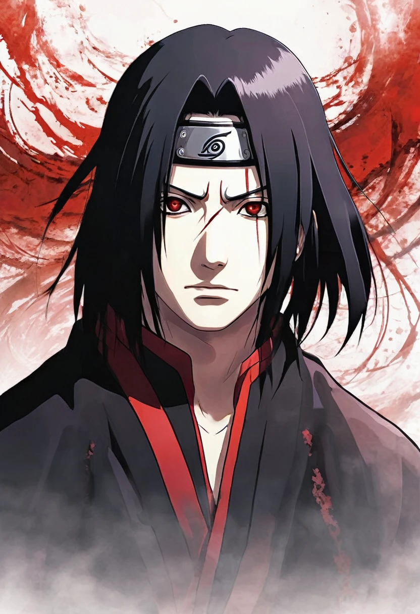 itachi uchiha, a character from the anime Naruto, in a dramatic and intense scene. He&#39;s standing in the middle of a dark forest, with the full moon shining through the trees, casting long and mysterious shadows. Itachi is wearing his classic Akatsuki cape, black with red clouds, and the Vila da Folha bandana crossed out, symbolizing his desertion.Their eyes, with Sharingan activated, glow brightly red, reflecting your power and determination. An expression of seriousness and melancholy is on his face, showing the emotional toll of their sacrifices. He holds a kunai in his right hand, prepared for any threat.Ao fundo, The atmosphere is dense and charged, with leaves slowly falling from the trees, creating a dramatic effect. The moonlight highlights your face and eyes, while the rest of the scene remains in dark tones, accentuating the contrast between light and 