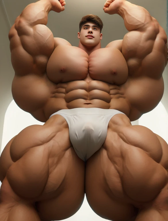 1boy, giant, alone, giant bodybuilder, illuminating light, strong body, bulk, large size, armpit, staying in the white photo studio, nude, white triangular underwear, big bulge, extraordinary big, brutalmass, giant muscular body, bulk, buff, massive body, large meaty body size, extremely wide body