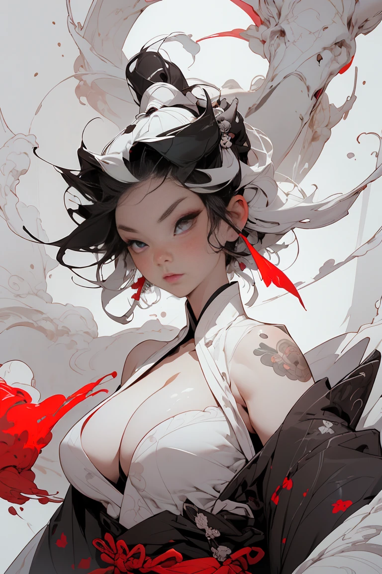 (masterpiece, top quality, best quality, official art, beautiful, cosmic, atmospheric, psychedelic, dreamlike and aesthetic, swirling cloud cosmic graffiti patterns:1.2), (1girl), extreme detailed,(fractal art:1.3),colorful,highest detailed, "(Best Quality, 8K, 32K, masutepiece:1.3), Ultra-detailed, (Photorealistic:1.4), red and white colors, perfect color scheme, proud Girl, Detailed moonlight eyes, Upper body, Luxurious black hair, lace bra, super huge enormously gigantic , cleavage showing, Avant-garde makeup, Numerous piercings, Heavily tattooed body, Barefoot woman(20-years old) , (fair white skin:1.7)、 (long white hair)、(Samurai style black and gold kimono:1.0)、(Big dragon background)、(White smoke)、(two swords)、(abnormally large breasts)、(Red smoke around the body:1.7)、Bare shoulders, Double eyelids, (Gray eyes)、Parted lips,Solo,(cleavage)、delicate and sexy(clavicle:1.3), (Shiny skin:0.8),(masutepiece:1.4),(Best Quality:1.4),glossy red lips, Perfect Abs, Wet(full of sweat)、low angles, (from below angle), High detailed skin, Skin pores,(Katsushika Hokusai-style background)