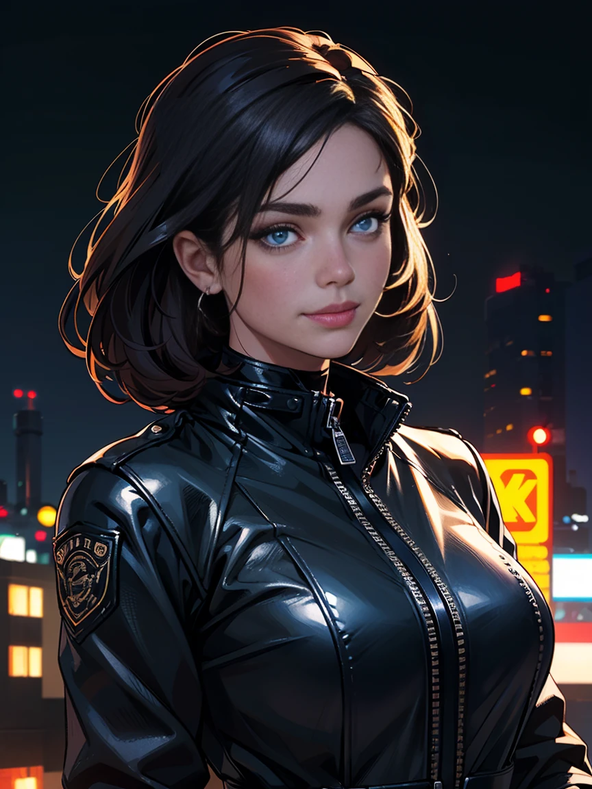 (Best quality, A high resolution,ultra detailed,realistic:1.2),portrait, woman, beautiful figure, White skin, Biker style, in the city, night time, beautiful detailed eyes, beautiful detailed lips, face confident, A slight smile, cool leather jacket with details and straps, black sports motorcycle, stylish pose, long straight dark brown hair, one pollen strand of hair near the face, Sergeant, bright colors, ночь in the city, dark blue atmosphere atmosphere, night city in the background, city lights, Cyberpunk, dark background, night freedom