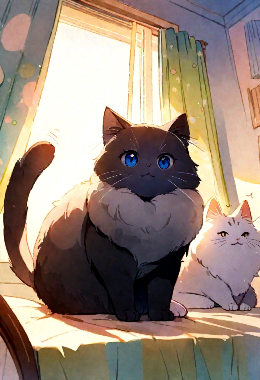 A fluffy cat,playful,curious,bright blue eyes,soft black fur,whiskers twitching,stretching in a sunbeam,feline grace and elegance,(best quality,4k,highres),vivid colors,lively and energetic,artistic illustrations and watercolor paintings,dreamy and whimsical,subtle pastel hues,soft lighting,bokeh