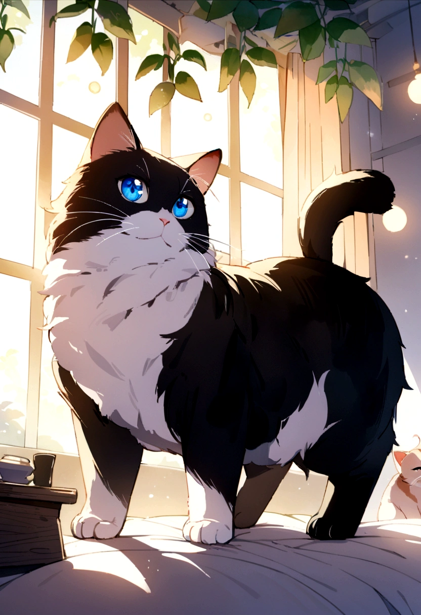 A fluffy cat,playful,curious,bright blue eyes,soft black fur,whiskers twitching,stretching in a sunbeam,feline grace and elegance,(best quality,4k,highres),vivid colors,lively and energetic,artistic illustrations and watercolor paintings,dreamy and whimsical,subtle pastel hues,soft lighting,bokeh