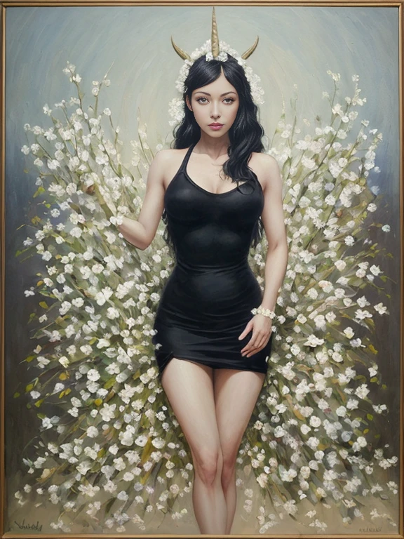 (oil painting:1.5),
\\
a woman with long black hair and white flowers in her hair is laying down in a field of white flowers, (amy sol:0.248), (stanley artgerm lau:0.106), (a detailed painting:0.353), (gothic art:0.106) golden abstract expressionism and the museum of art The painting is supposed to capture Star Butterfly in an iconic moment that represents her adventurous spirit, your magical strength and your vibrant personality. The setting should be an environment that reflects the mix of magical realms and interdimensional adventures, characteristic of the series. Star Butterfly: Star must be in the center of the composition, in a dynamic and confident pose. She is dressed in her classic costume: a mint green dress, leggings coloridas, and her iconic unicorn boots. His devil horns on his head and his magic wand in one hand are essential to identify the character.. Expression and posture: Star's expression must be cheerful and determined, with a big smile on your face and eyes shining with enthusiasm. Your stance can be one of action, as if preparing to cast a spell or leading an adventure. Magic wand: Star's magic wand must be represented in detail, with its iconic butterfly wings and star design. She must emit a glowing aura of magic, with sparks and waves of energy all around, suggesting it is ready to use. scenario: The setting should be a fusion between the magical kingdom of Mewni and the earthly environment of Echo Creek. This can include elements like floating castles, dimensional portals, and fantastic landscapes combined with everyday elements, such as lampposts and school buildings. magic elements: Include magical creatures, like flying ponies, friendly monsters and exotic plants that bloom in bright colors, to bring Star's magical world to life. frame Diaz: Star's best friend, frame, can be included in the scene, maybe in the background or next to it, wearing his traditional red coat.