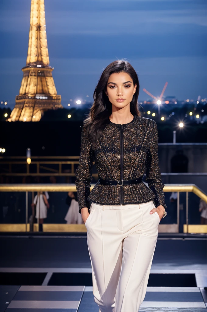 Leading the Runway in Paris": Imagine a powerful woman standing on a stage with the Eiffel Tower illuminated behind her. She is addressing an audience of fashion enthusiasts, promoting a new collection that champions sustainability and women’s empowerment in the fashion industry.