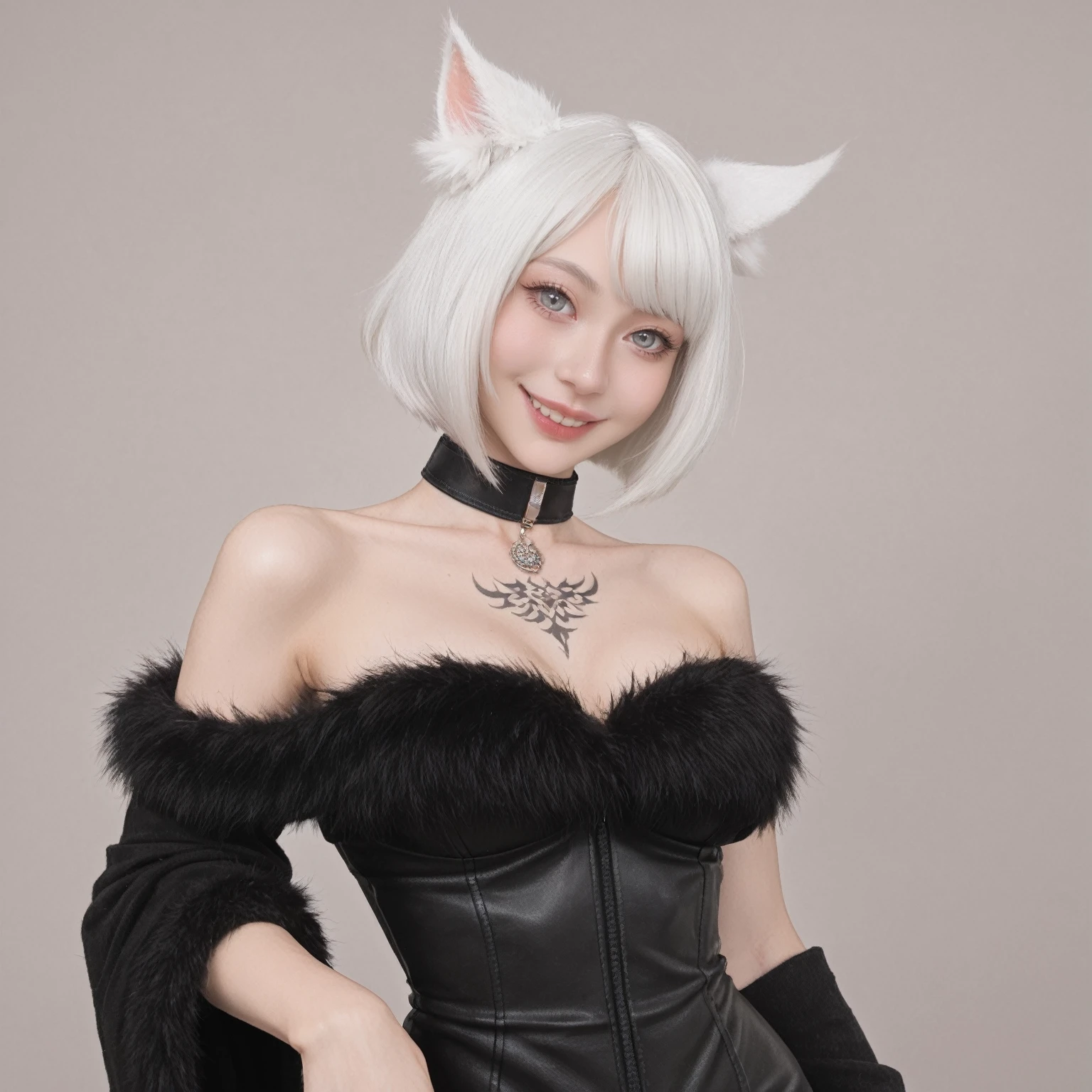 score_9, score_8_up, score_7_up, BREAK,
relaxed pose,realistic,y'shtola rhu,final fantasy xiv,snatched waist, feather hair ornament,fur trim,choker,feathers,jewelry,neck tattoo,black robe,randomboobguy,from below,light smile, 1girl,(y'shtola rhul:1.2),looking at viewer,white hair,cat ears,short hair,miqo'te,grey eyes,cat tail,realistic,high quality,