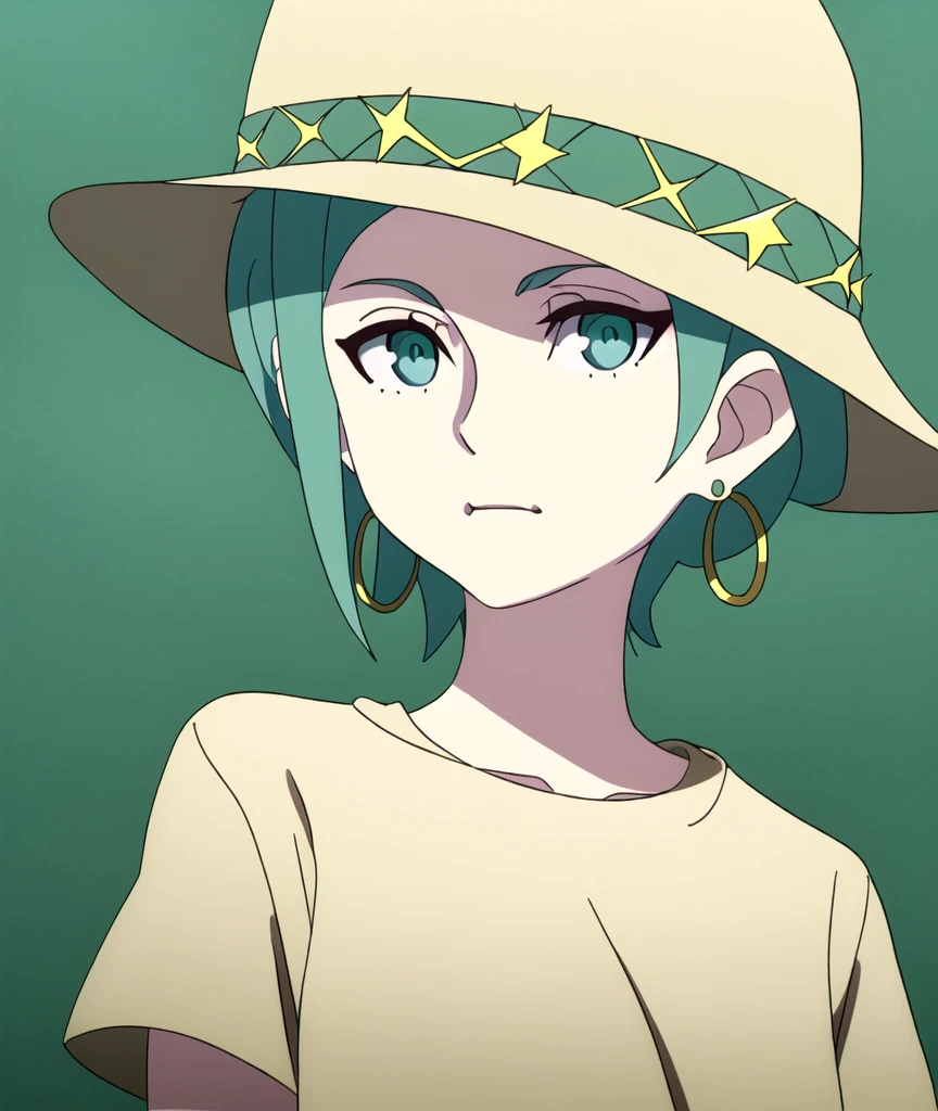 LWA masterpiece, best quality, 1girl, aqua eyes, baseball cap, blonde hair, closed mouth, earrings, green background, hat, hoop earrings, jewelry, looking at viewer, shirt, short hair, simple background, solo, upper body, yellow shirt