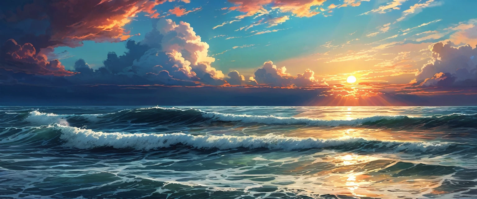 a serene landscape with a vast ocean, cloudy sky, and a setting sun, detailed realistic painting, dramatic lighting, cinematic composition, vibrant colors, serene atmosphere, (best quality,4k,8k,highres,masterpiece:1.2),ultra-detailed,(realistic,photorealistic,photo-realistic:1.37),cinematic lighting,dramatic sky,stunning ocean waves,moody clouds,atmospheric perspective,glowing sunset