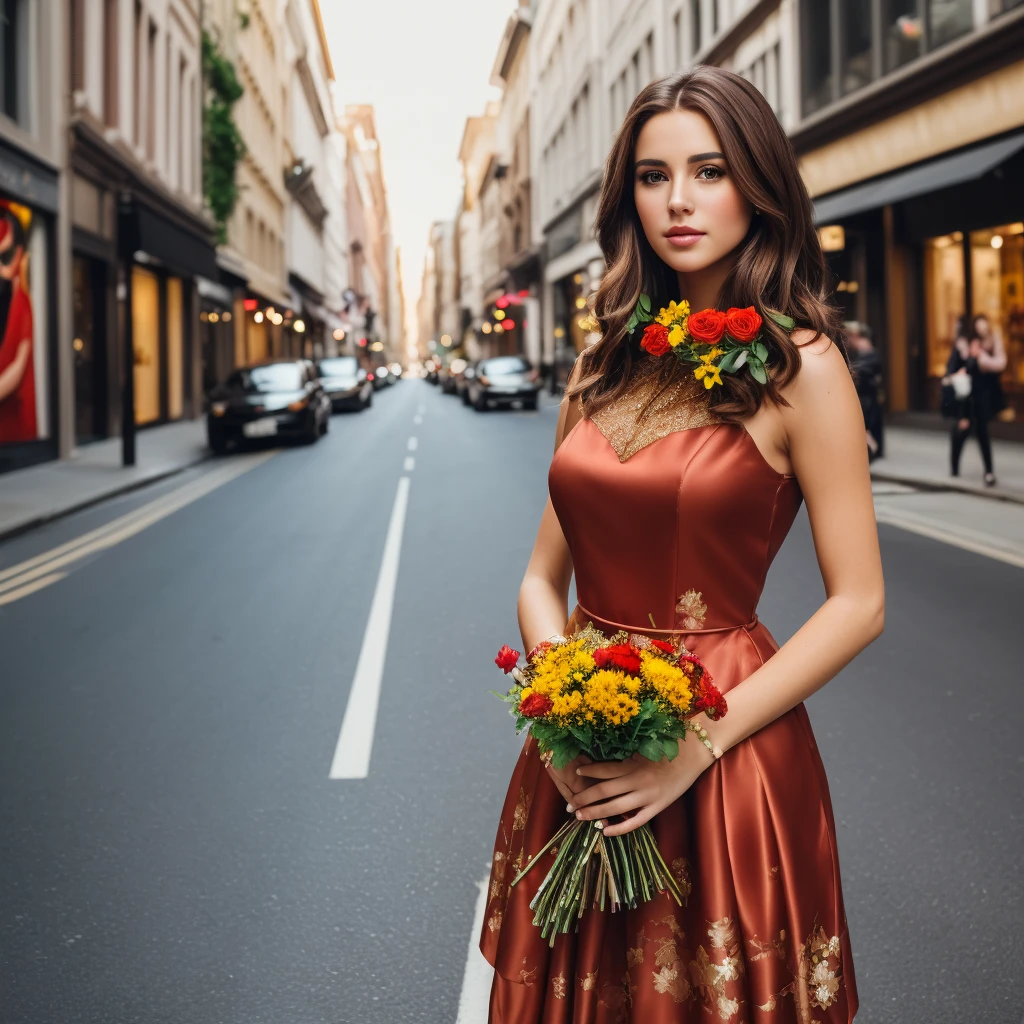 ((best qualityer)),((work of art)),((realisitic)),portrait of a woman,[captivating brown eyes],brown hair[red old dress costume], holding flowers in the street:1.3),[Busy street scenery,(capturing beauty and art:1.2),(8k resolution:1.2),