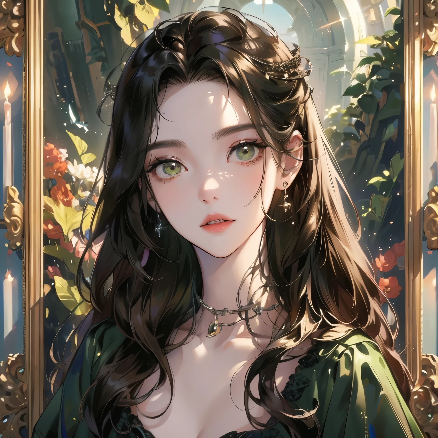 portrait,(absurdres, highres, ultra detailed, HDR), masterpiece, best quality, a mature heroine, detailed face, beautiful face with decorative detailed (long sleek black hair with flat bangs) (green eyes), seraphina, green details , black touch and green little outline,with blue magic mirror inside celestial palace, detailed character, detailed celestial place of goddess, laplace, detailed backdrop