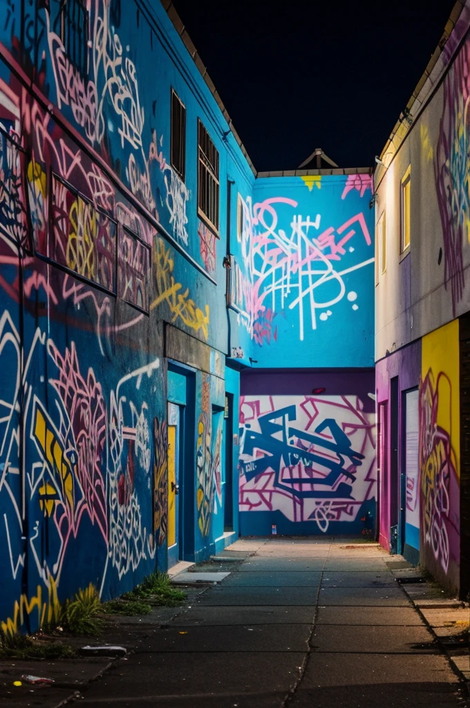 A graffitied wall at night 