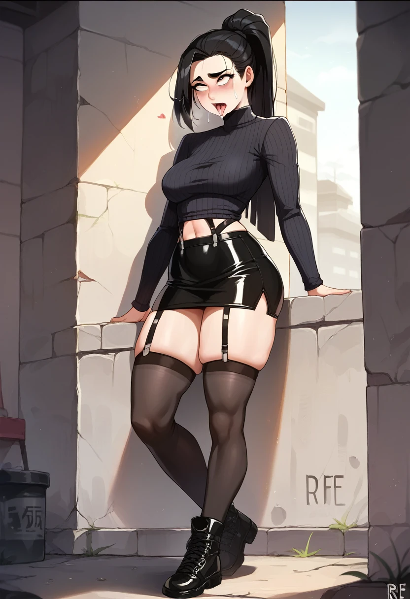 Young Girl,with a very beautiful appearance,Medium breasts,beautiful physique,black hair tied into a high ponytail with a black elastic band,white eyes,With a rude look,wearing a sexy black turtleneck,black sexy black short skirt,black thigh-high stockings with straps, High Black Shoes,black choker on the neck, posing attractively,Makes Achegao,Drooling, is in the night city