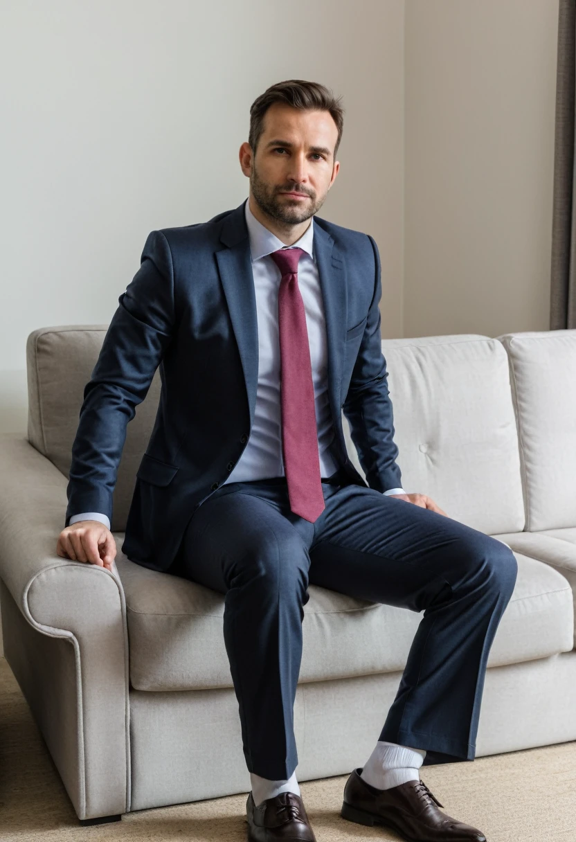 RAW photo, full body, a 35-year-old man, ((dressed as a Accountant)), is sitting on a guest sofa, looking towards the audience, wearing shoes, with both hands forward on his knees, straight forward position,