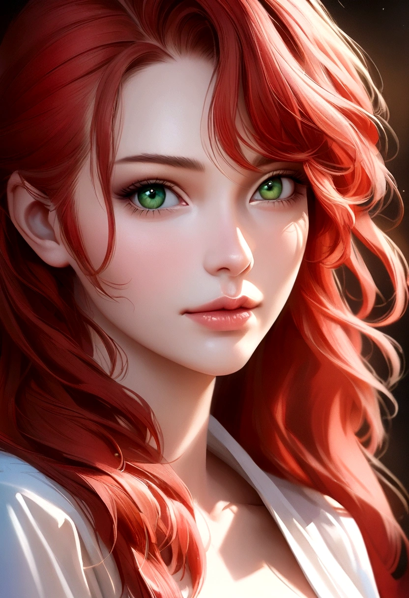 20 year old woman with red hair and green eyes and long hair, digitl art de Kurt Roesch, shutterstock, digitl art, sexy girl with green eyes, soft portrait photographed 8k, with red hair and green eyes, beautiful realistic face, beautiful realistic face, detailed beauty portrait, beautiful photorealistic face, realistic digital painting, beautiful redhead woman, red hair and attractive features