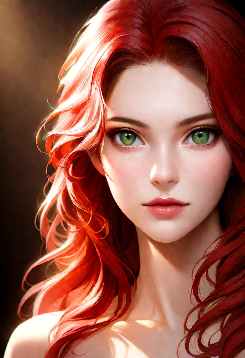 20 year old woman with red hair and green eyes and long hair, digitl art de Kurt Roesch, shutterstock, digitl art, y girl with green eyes, soft portrait photographed 8k, with red hair and green eyes, beautiful realistic face, beautiful realistic face, detailed beauty portrait, beautiful photorealistic face, realistic digital painting, beautiful redhead woman, red hair and attractive features