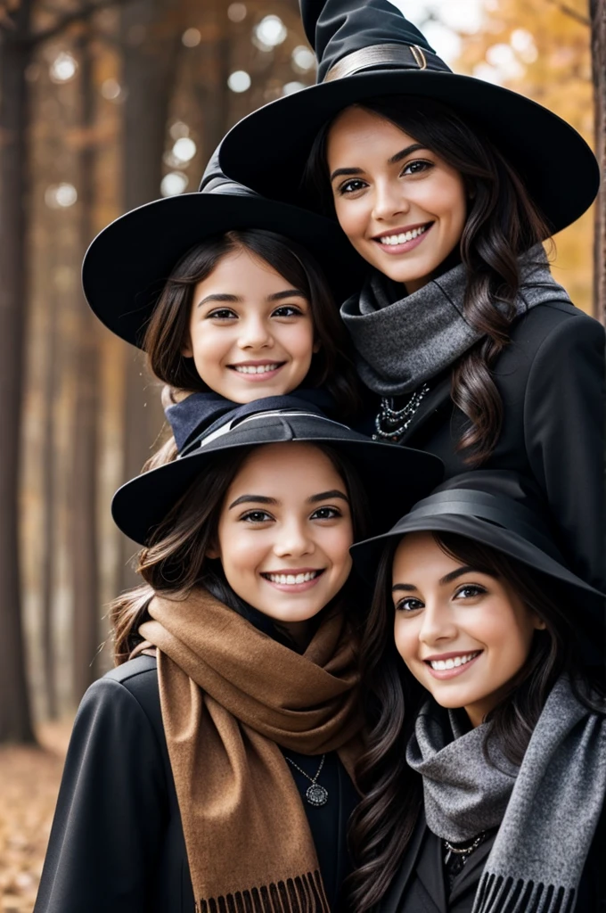 Skeleton next to a young witch in a scarf smiling
