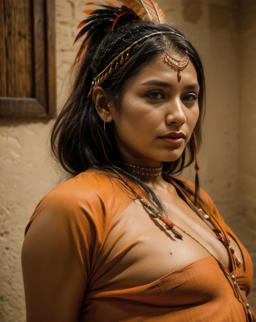 Beautiful Cherokee Indian woman with beautiful orange headdresses, red and beige.
