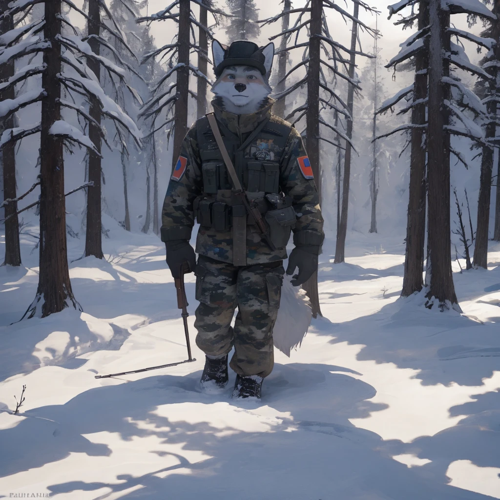 Male, males, groups, fox, arctic fox, white fur, short hair, 20 years old, rifle, ussr flag badge, Snow camouflage, winter camouflage, dramatic effect, dramatic light, shadow, shade, higlight, high quality, high details, High detailed image, high quality image, Very detailed shadows, high detail shadows, Snowy forest, snowy, Winter