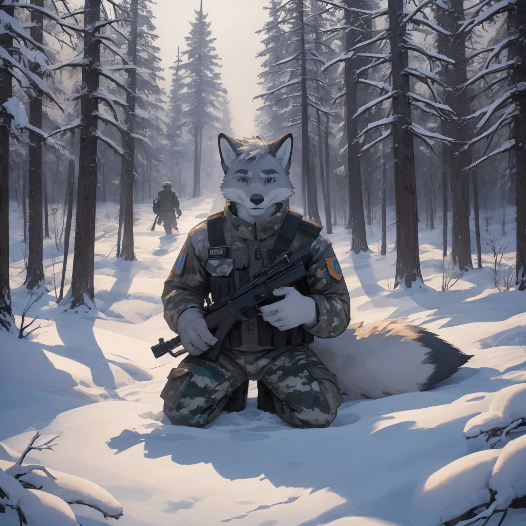 Male, males, groups, fox, arctic fox, white fur, short hair, 20 years old, rifle, ussr flag badge, Snow camouflage, winter camouflage, dramatic effect, dramatic light, shadow, shade, higlight, high quality, high details, High detailed image, high quality image, Very detailed shadows, high detail shadows, Snowy forest, snowy, Winter