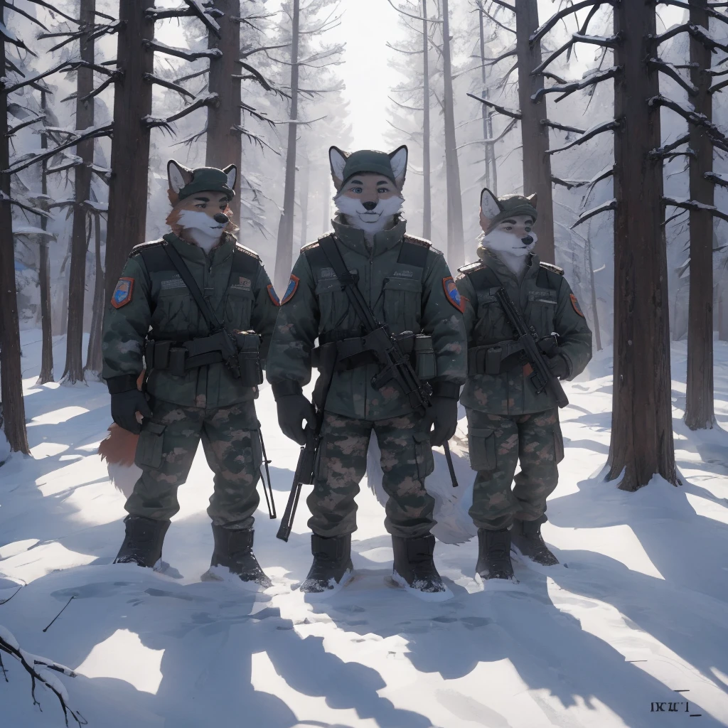 Male, males, groups, fox, arctic fox, white fur, short hair, 20 years old, rifle, ussr flag badge, Snow camouflage, winter camouflage, dramatic effect, dramatic light, shadow, shade, higlight, high quality, high details, High detailed image, high quality image, Very detailed shadows, high detail shadows, Snowy forest, snowy, Winter