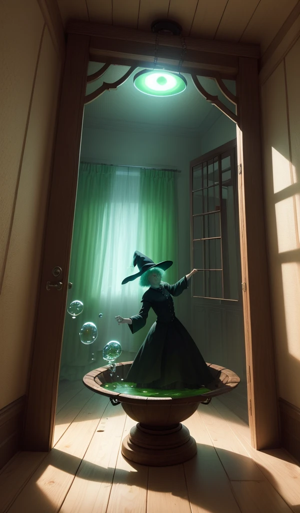 (anime, digital paint, young boy trapped in a wooden cage, frightened expression, old woman now looking more like a witch, stirring a bubbling cauldron, eerie green light illuminating the room, dark and ominous atmosphere with shadows dancing on the walls, sense of impending danger)