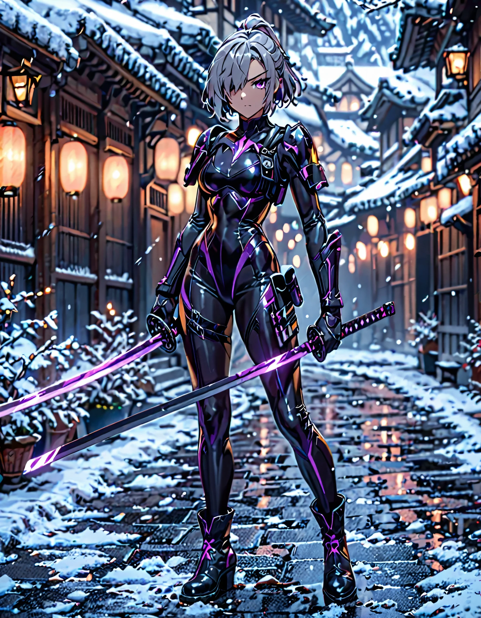 masterpiece, highly detailed, best quality, high quality, 1girl, (solo, solo focus), purple eyes, beautiful detailed eyes, beautiful detailed face, perfect hands, complete fingers, perfect anatomy, perfect proportions, (short hair, bob hair, ponytail hair, grey hair), (hair over one eye:1.3), ((holding weapon, two katana swords)), detailed shadows, detailed light, (black skintight bodysuit, (black leotard), shoulder holster), (full black pantyhose, skintight black leggings), matching boots, full body, serious, cowboy shot, snowy alleyway backdrop. full body costume design.