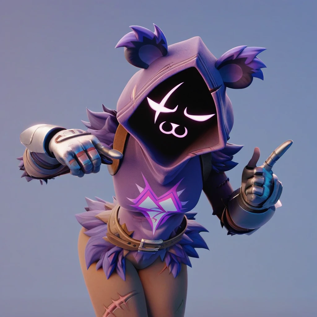 Raven team leader,purple hoodie, with no face, shadowed face, animal ears,purple skin, scar on eye, body skin, purple fur, waist belt, torso symbol, metal gloves, pointing your ass at the viewer, leaning forward, pushing, she closes her eyes, hands resting on top of a small wall, her with her eyes closed, hands are not in the air, expression of force, clear and blue day