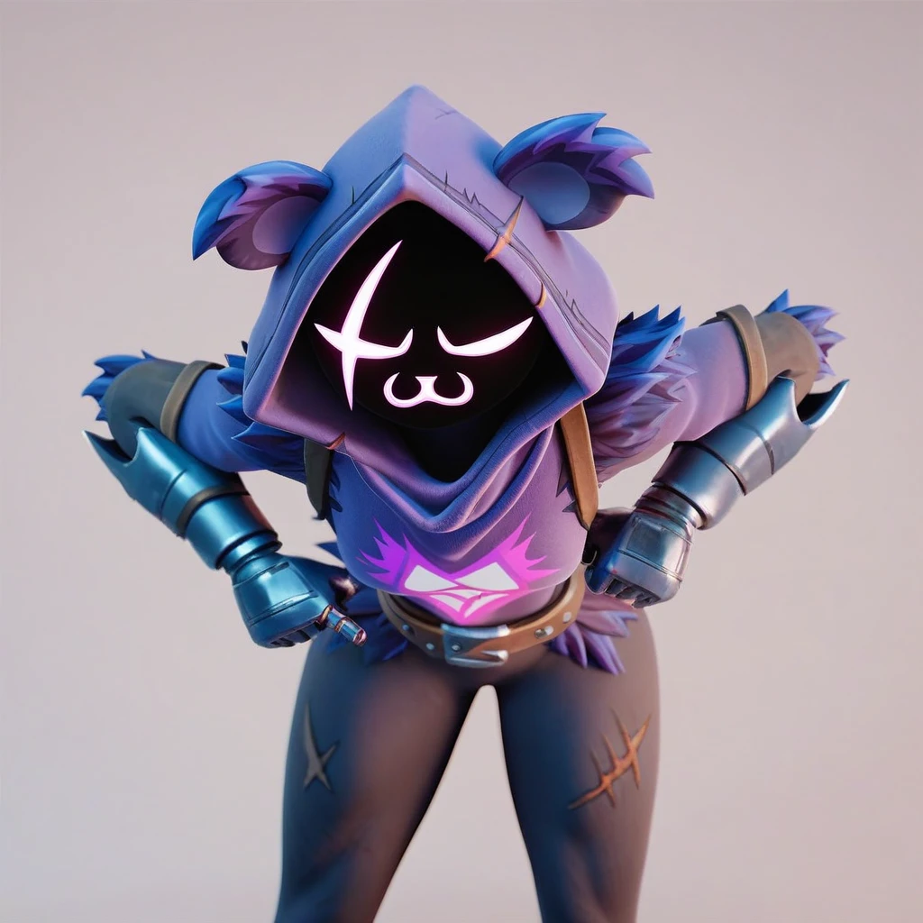 Raven team leader,purple hoodie, with no face, shadowed face, animal ears,purple skin, scar on eye, body skin, purple fur, waist belt, torso symbol, metal gloves, pointing your ass at the viewer, leaning forward, pushing, she closes her eyes, hands resting on top of a small wall, her with her eyes closed, hands are not in the air, expression of force, clear and blue day