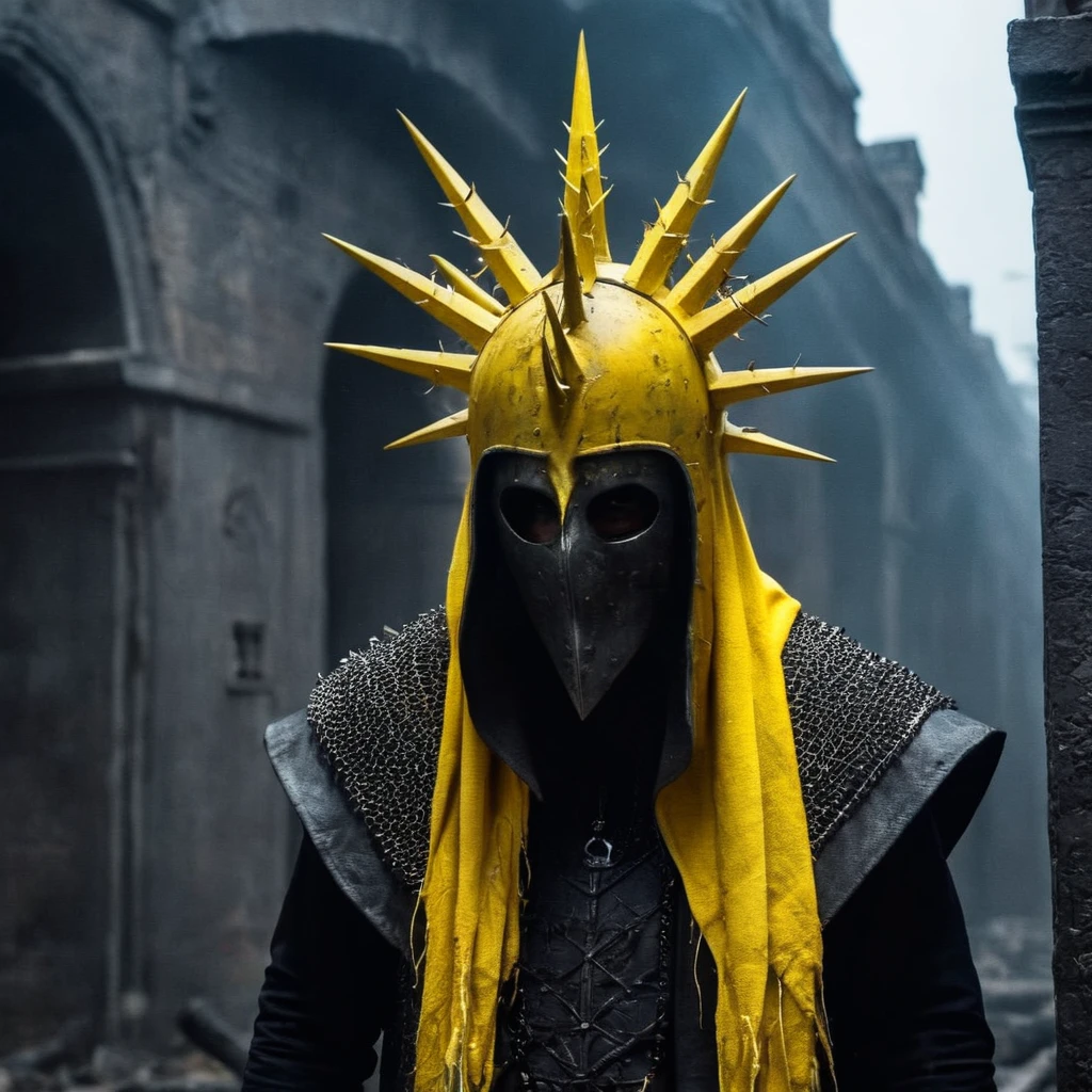 Horror-themed,  In an ancient and mysterious city a person wearing a yellow helmet with yellow spikes on it carcosa city style, Eerie, unsettling, dark, spooky, suspenseful, grim, highly detailed