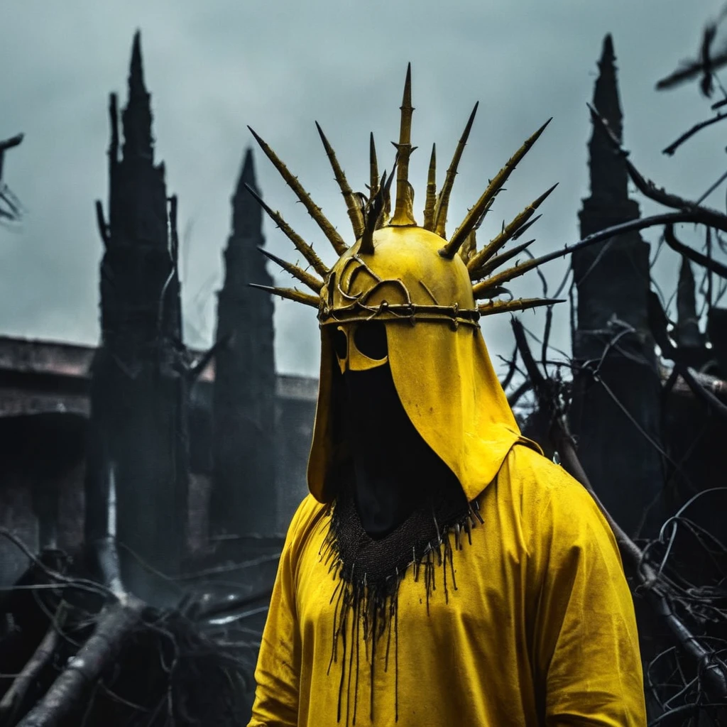 Horror-themed,  In an ancient and mysterious city a person wearing a yellow helmet with yellow spikes on it carcosa city style, Eerie, unsettling, dark, spooky, suspenseful, grim, highly detailed