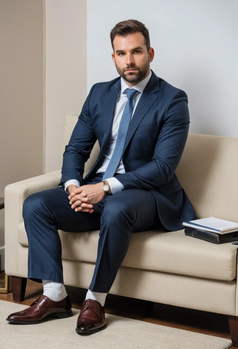 RAW photo, full body, a 35-year-old man, ((dressed as a Accountant)), is sitting on a guest sofa, looking towards the audience, wearing shoes, with both hands forward on his knees, straight forward position, 