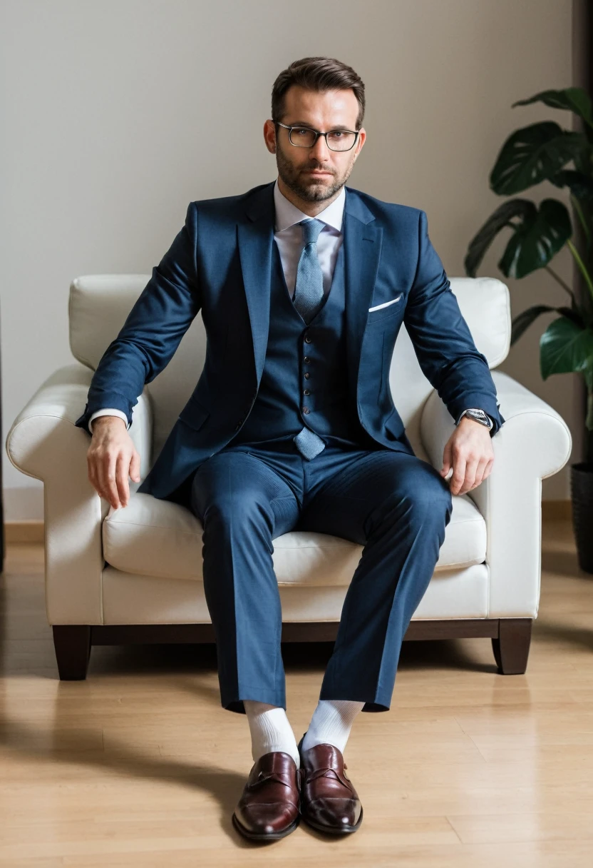 RAW photo, full body, a 35-year-old man, ((dressed as a Accountant)), is sitting on a guest sofa, looking towards the audience, wearing shoes, with both hands forward on his knees, straight forward position, 