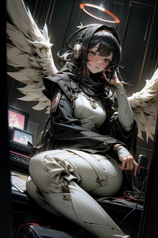 anime style, super fine illustration, highly detailed, dynamic angle, beautiful detailed, 8K, At midnight, in a dark room, Blake. A woman sits in front of her computer, unable to sleep. BREAK She is wearing a headset with a microphone and holding a video game controller, BREAK She is playing a awesome game.sadly face,Angel Halo,Angel Wings
