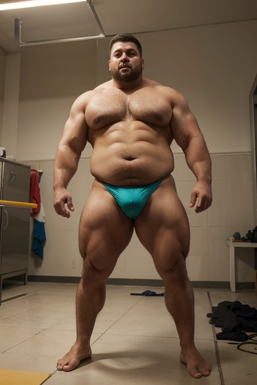 fat and muscular man in thong is standing in front hypnotized and paralyzed, urine and sweat, complete body,