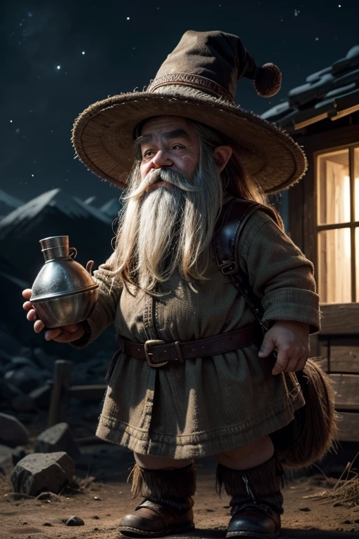 a dwarf with a big hat in the middle of the night carrying a mule loaded with coal