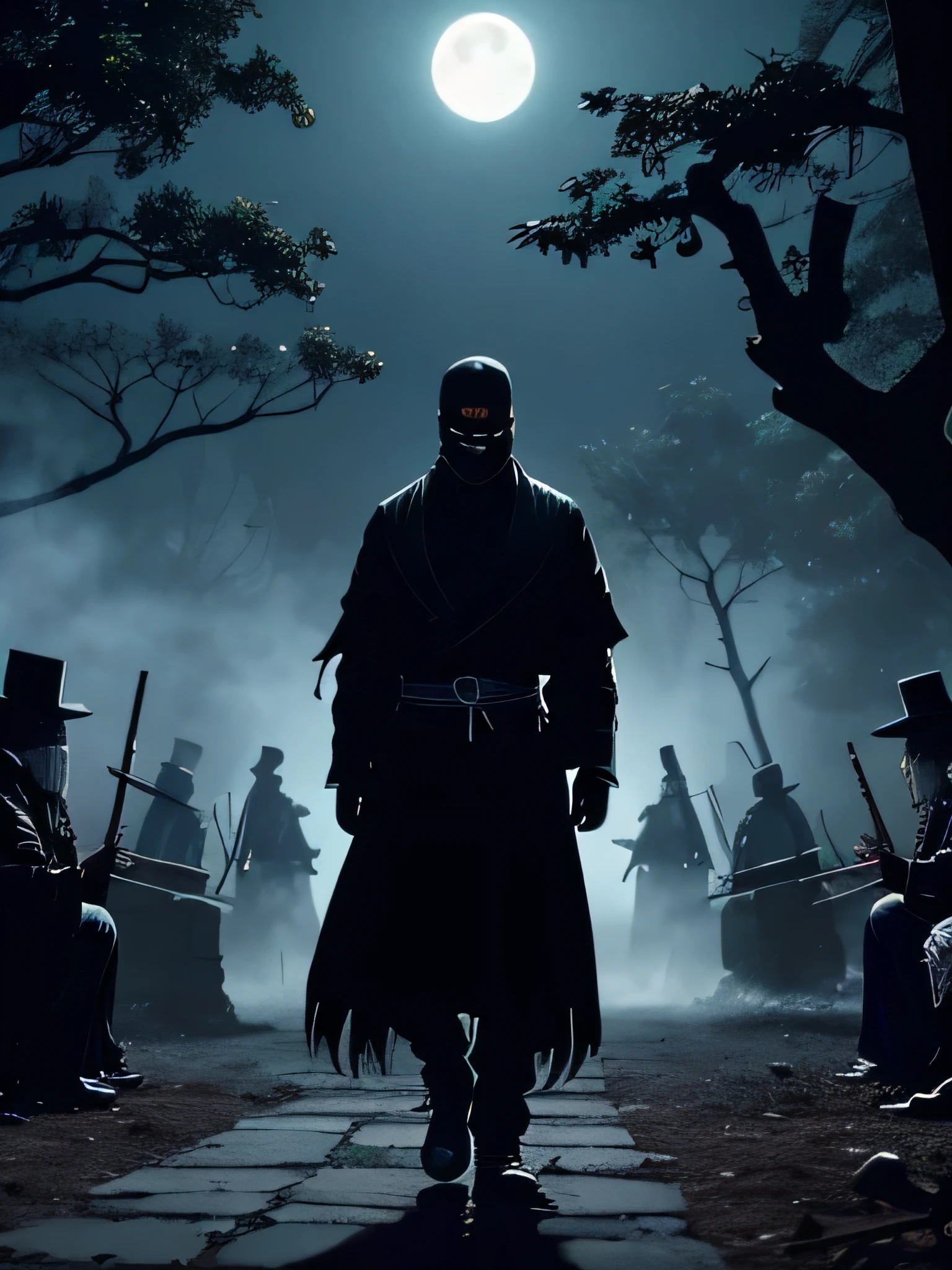 Create a dark and intense image of a clan of Mexican ninjas. The image should show several ninjas gathered in a nocturnal and mysterious environment, with a threatening aura. Ninjas must wear traditional ninja attire, but with dark touches of Mexican culture, like mexican skulls (Calaveras) with macabre details, stylized skull masks, and dark garments adorned with bones and patterns of death.
The setting must be a nocturnal and sinister environment, remembering mexico, with elements like a cactus forest under moonlight, ancient and haunted ruins, and a fog that covers the ground. Add cultural details, like Day of the Dead altars with burning candles, crosses and symbols of death, and ghostly mariachis playing funeral music.
The image should have an air of mystery and danger, reflecting the dexterity and lethality of the ninja clan, while incorporating the rich and macabre Mexican culture.