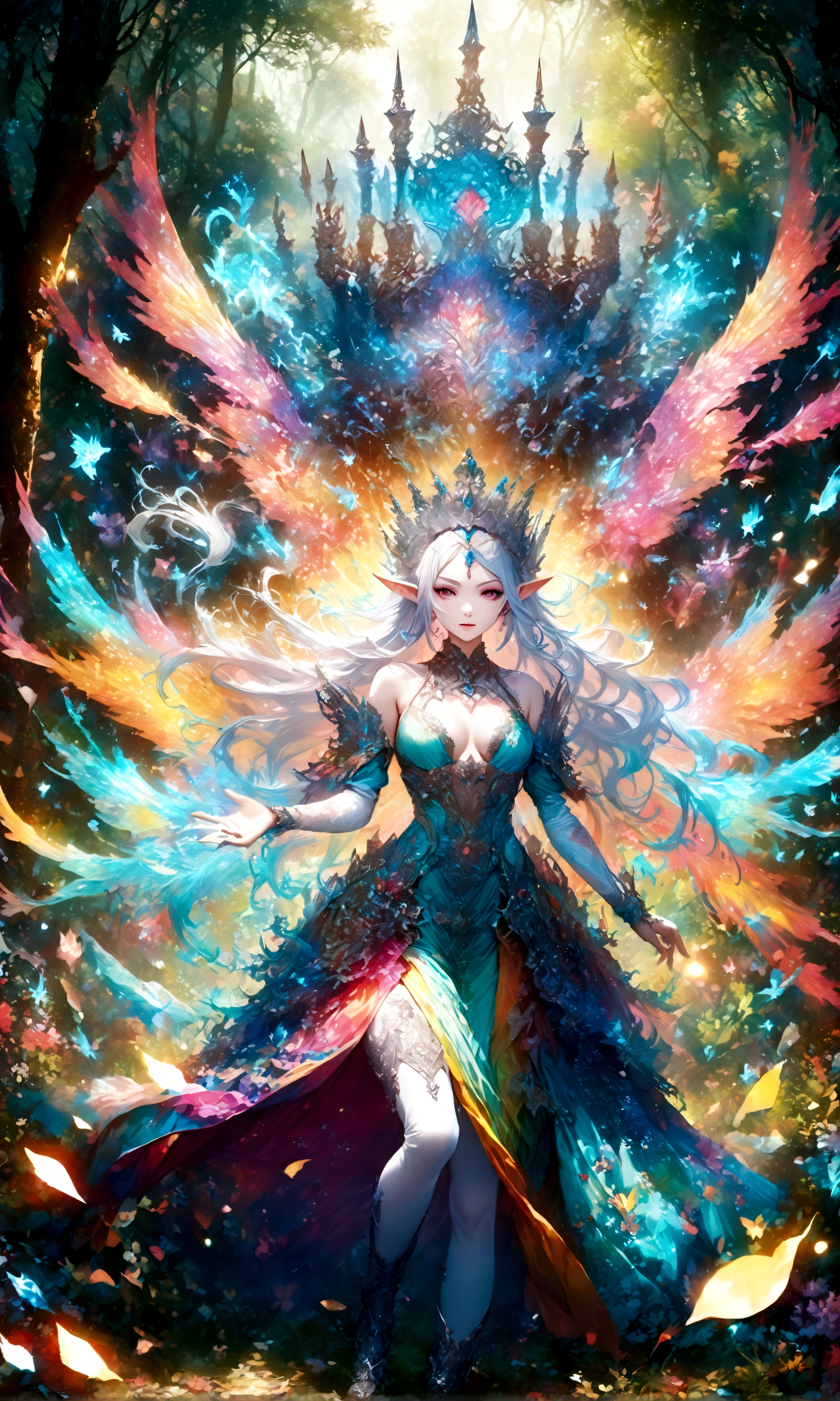 queen of spirits,white skin type,perfect face,pointed ears,elf elements,Queen's tiara made of silver,noble and beautiful,perfect anatomy,zoom out,A unicorn is close by,use magic,forest background,artwork,rendering,dynamic pose,(masterpiece:1.3),(highest quality:1.4),(Super detailed:1.5),High resolution,Very detailed,unity 8k wallpaper,Dark fantasy,intricate details,rich colors,Wind,magic effect,chant colorful spells,absurdity