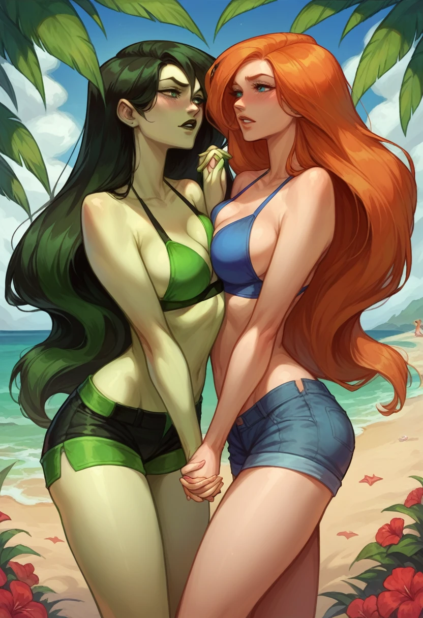 score_9, score_8_up, score_8_up, source_cartoon, 2girls, (Kim Possible, orange-red hair, long flowing hair:1.0), (Shego, black, long flowing hair:1.0), girlfriends, cleavage, bikini top, shorts, beach, outdoors, standing, holding hands, blush.