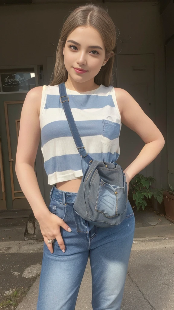 arafed woman in a striped top and jeans posing for a picture, r6, bag over the waist, r - mk, front side full, front side, taken in 2 0 2 0, taken in 2022, with two front pockets, in background, front portrait, photo taken in 2 0 2 0, high quality scan, e - girl