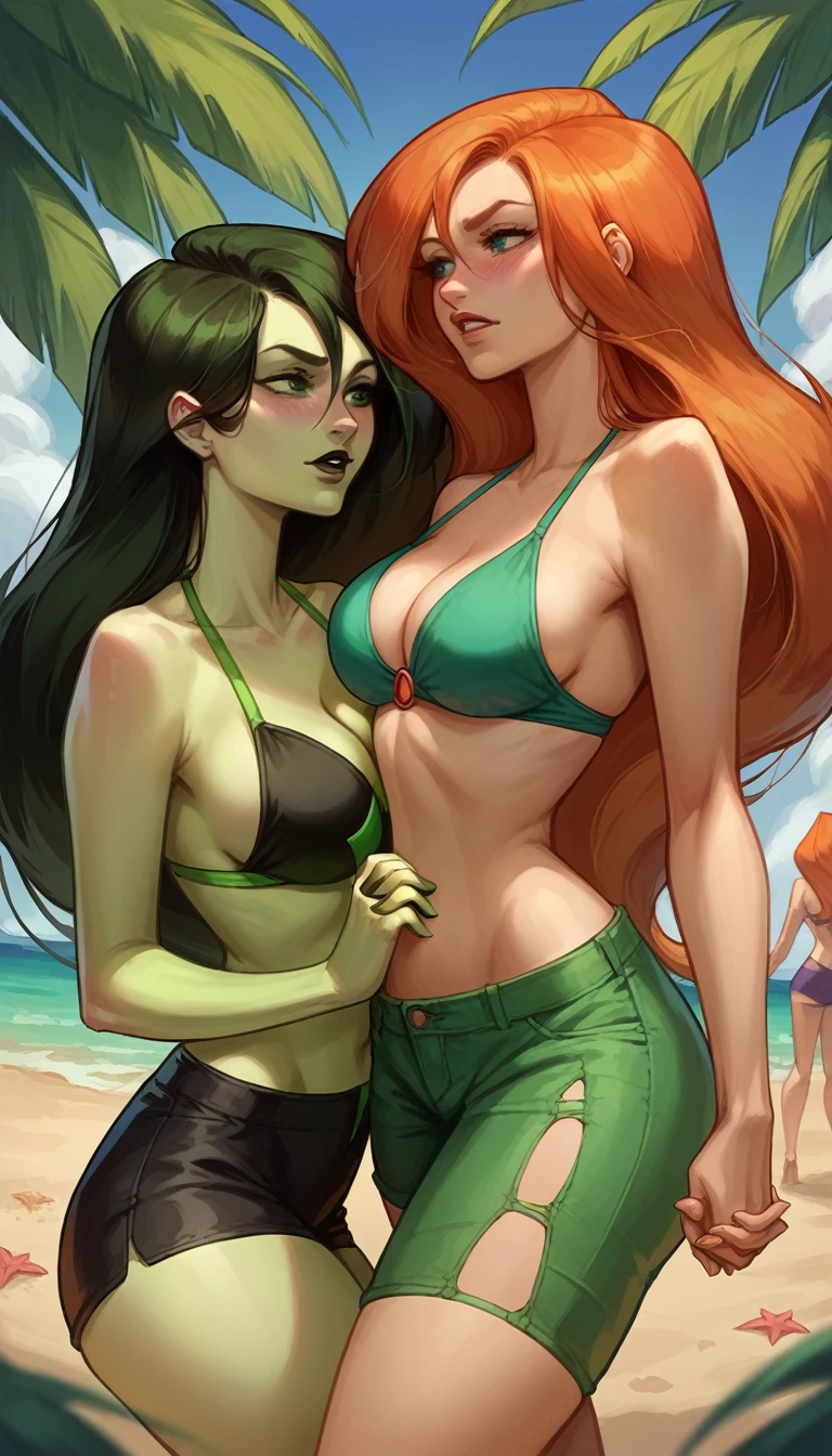 score_9, score_8_up, score_8_up, source_cartoon, 2girls, (Kim Possible, orange-red hair, long flowing hair:1.0), (Shego, black, long flowing hair:1.0), girlfriends, cleavage, bikini top, shorts, beach, outdoors, standing, holding hands, blush.