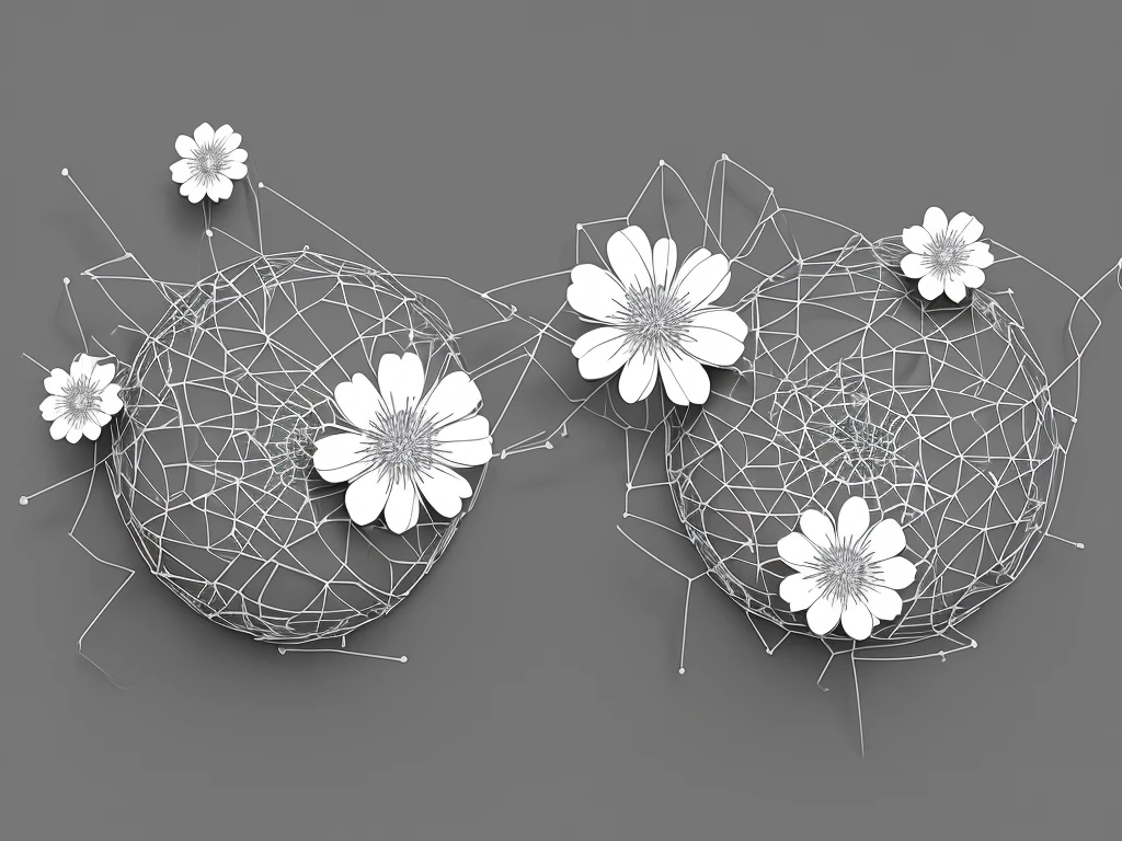 technology web page, include a cherry flower , and make it 3d style, in black and white