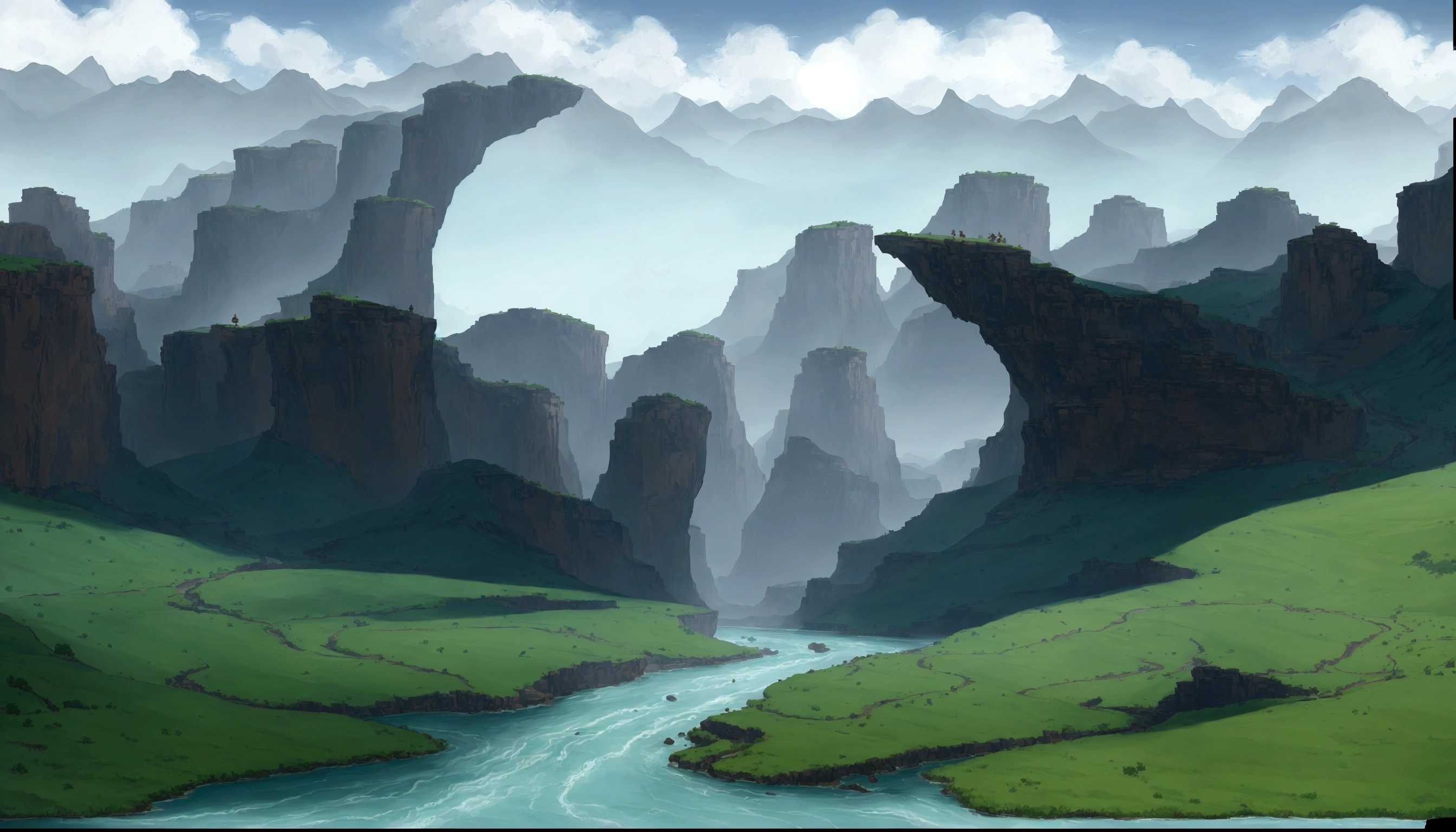 there is a painting of a river running through a valley, background art, 2 d game art background, landscape background, canyon background, random background scene, some mountains in the background, scenic background, 2d game background, rocky environment, background artwork, rpg landscape, epic background, an epic landscape, scenery game concept art, detailed digital painting, art station landscape