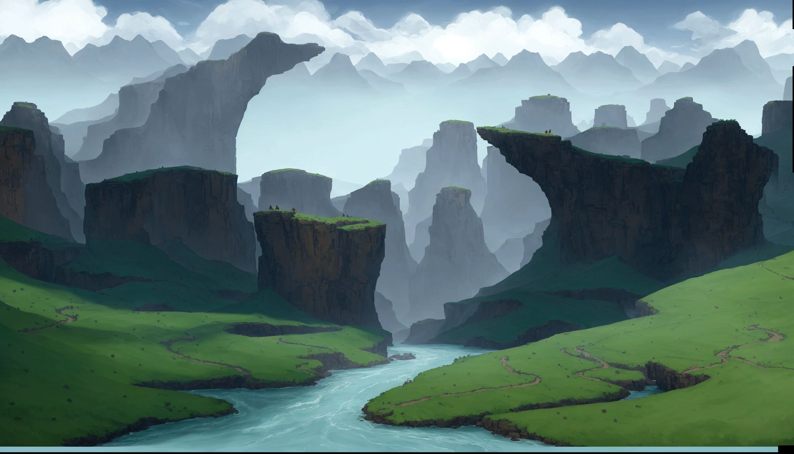 there is a painting of a river running through a valley, background art, 2 d game art background, landscape background, canyon background, random background scene, some mountains in the background, scenic background, 2d game background, rocky environment, background artwork, rpg landscape, epic background, an epic landscape, scenery game concept art, detailed digital painting, art station landscape