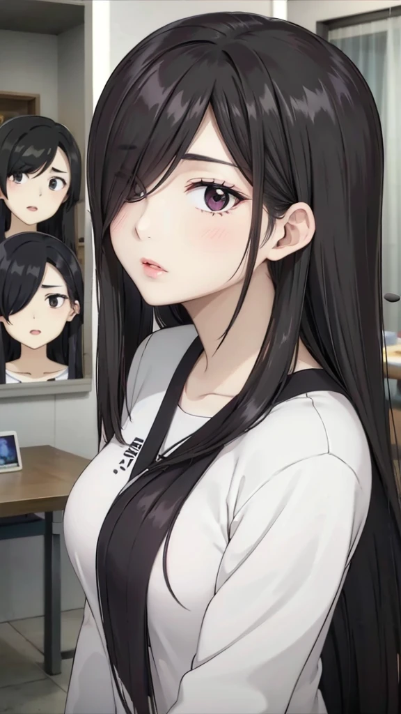 Mom with 4 daughters, mature women,realistic skin,perfect ,black hair, long hair, (hair over one eye:1.4), messy hair, hair between eyes, chubby,plump,fat, Sexy lips, pucker lips,cute shy blush on