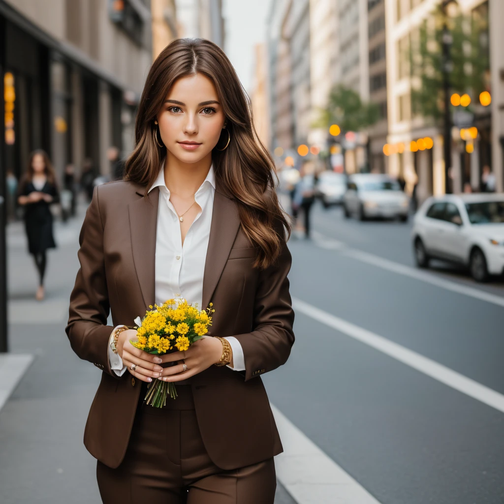((best qualityer)),((work of art)),((realisitic)),portrait of a woman,[captivating brown eyes],brown hair[simple suit], holding flowers with a beautiful bracelet on her arm in the middle of the street:1.3),[Busy street scenery,(capturing beauty and art:1.2),(8k resolution:1.2),