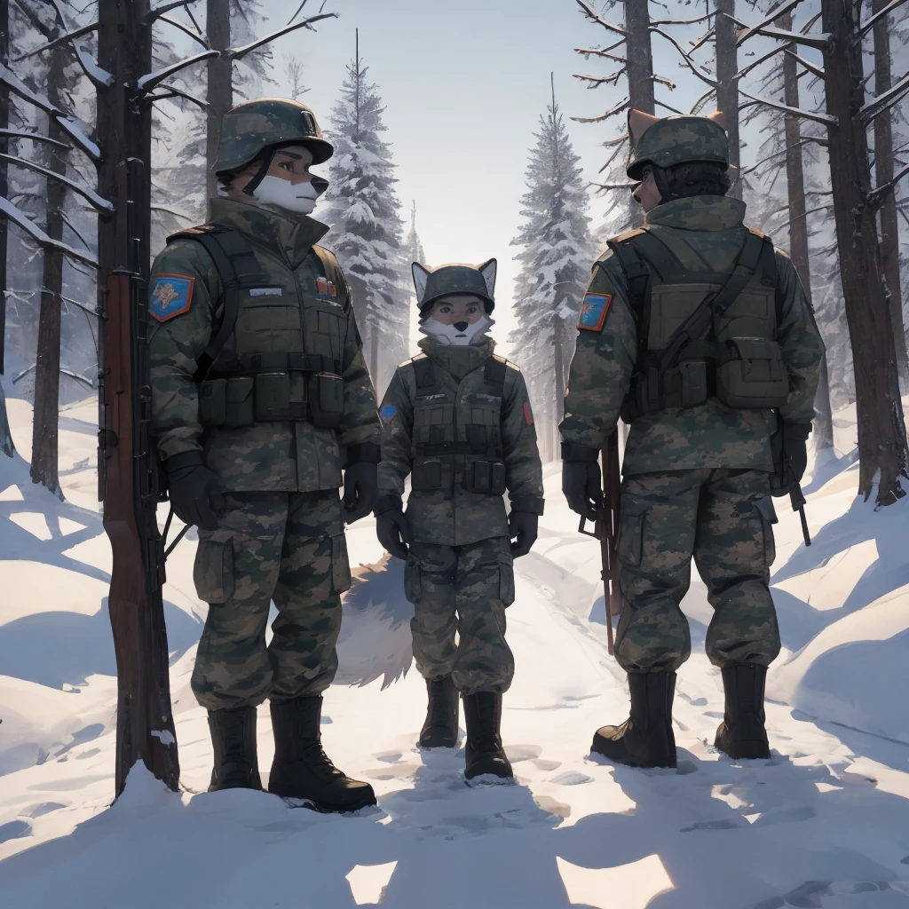 Male, males, groups, fox, arctic fox, white fur, short hair, 20 years old, rifle, ussr flag badge, Snow camouflage, military helmet, winter camouflage, dramatic effect, dramatic light, shadow, shade, higlight, high quality, high details, High detailed image, high quality image, Very detailed shadows, high detail shadows, Snowy forest, snowy, Winter