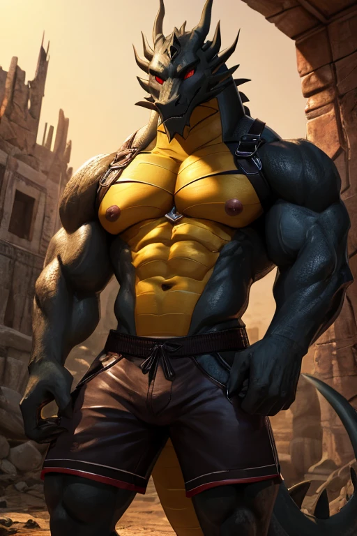 Shendu, shendu,dragon,Solitary,male, Scully,Claws,Crocodile,tooth齿,crawler,Chest muscles,Chlorosome,peak,tooth,aldult,dragon尾巴,4K,Best quality,HD,whole body,claws,Topless,Looking at the audience,Chest muscles, Pink nipples, Six-pack abs,Biceps,Anatomically correct,,pride,Soft shadows,Majestic,Detailed face,HD的眼睛,Sharp eyes,red eyes,eyes shining,Grandiose,brave,,Confident smile,Strong,Mature,black leather shorts,wilderness,ruins,wearing climbing harness.