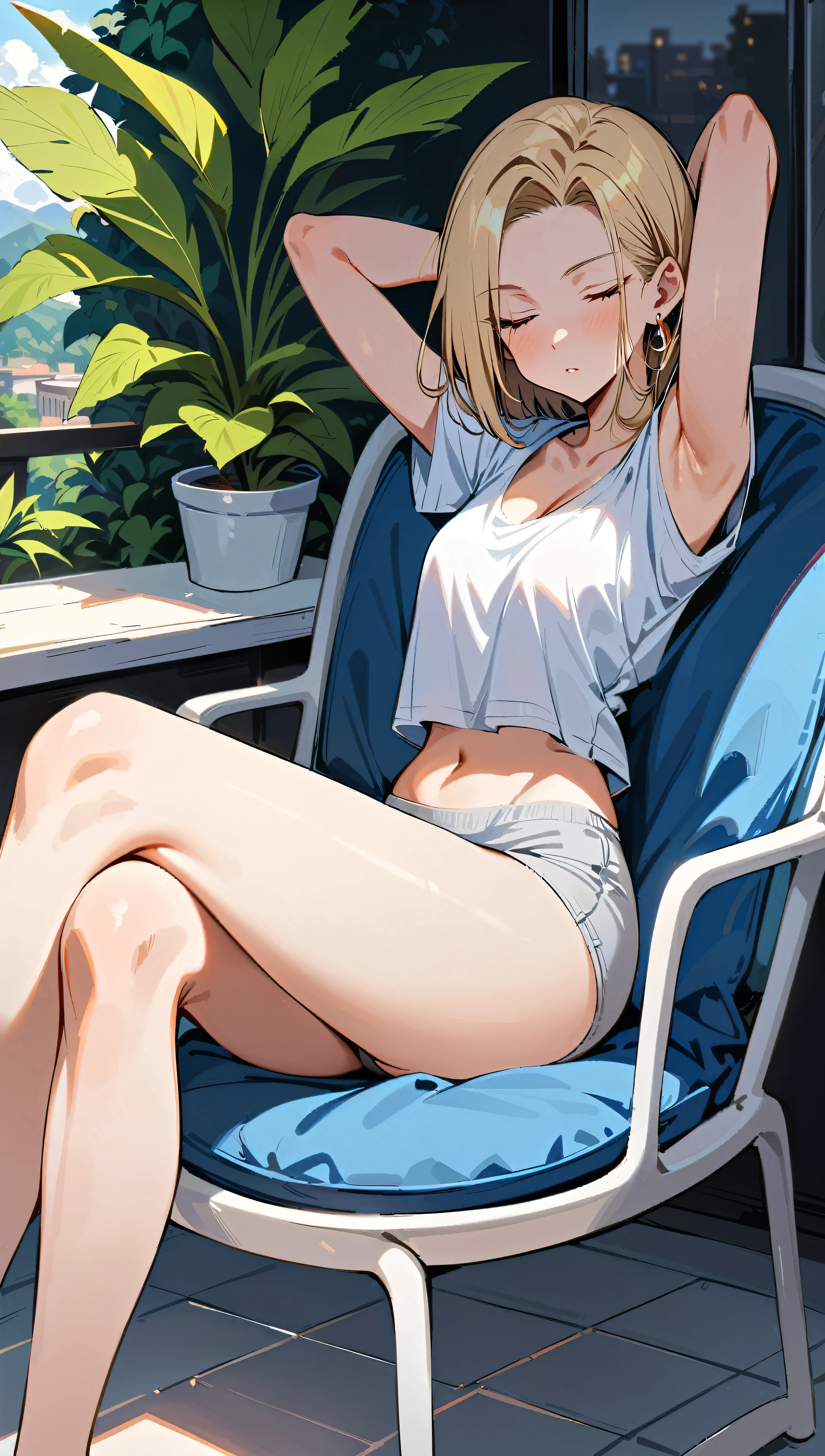 (masterpiece, best quality:1.2), solo, Android 18 from Dragon Ball, ((light gray baggy crop T-shirt, short sleeve, black thin thigh highs, crossed legs, beautiful butt, gray panties)), small breasts, short blonde hair loose, ((close eyes)), (wearing glasses), earrings on earlobes, slender feminine figure, skinny body, cleavage, light blush, chill, organized, simple, white-based interior, a few plants, cloudy sky, terrace, magnificent view, blur background, 4K, on the cute chair, (pale blue chair), midriff-baring, beautiful armpits, pantyshot, arms up behind,
