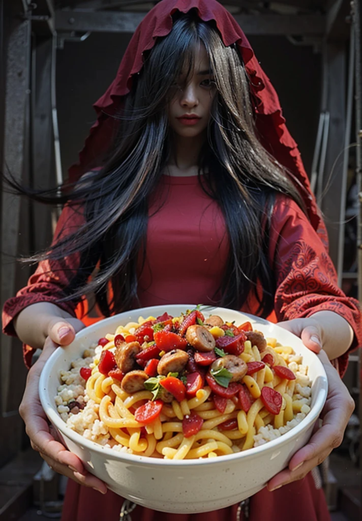 photorealistic, real girl , ((1 girl)), ((ultra-realistic)), gloss, 8k, detailed face, woman wear, red Satan with red wedding dress transparent, showing soup food bowl, standing in a dark room night