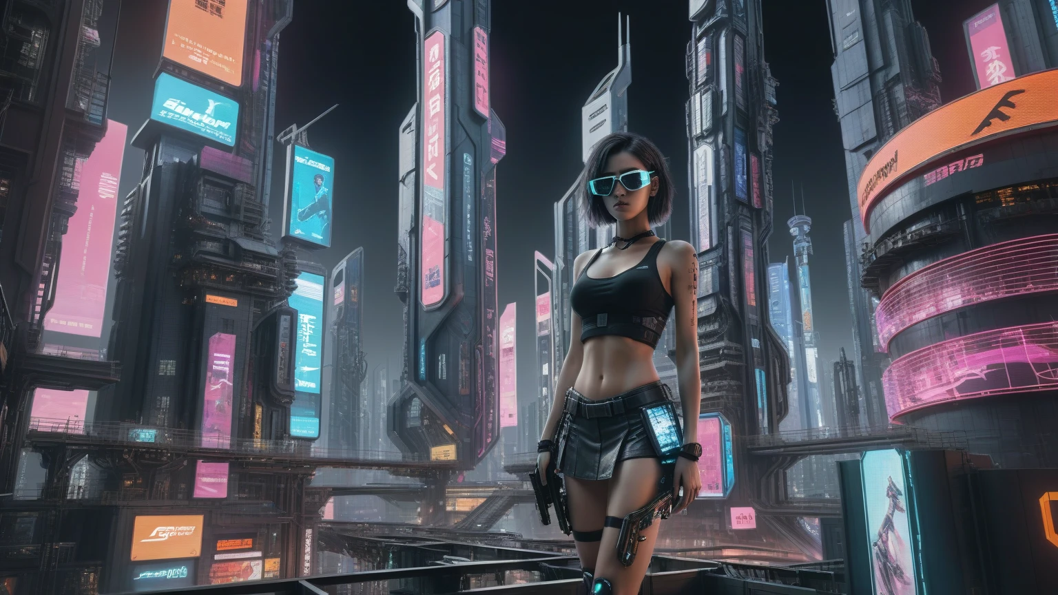 (((aerial view))) image of a cyberpunk cityscape, (((all-glass))) towering skyscrapers, a lot of neon lights and holographic billboards, futuristic, high-tech elements, 1drone. In the foreground, a woman, mechanical joints. at night, (((1girl, solo, alone))), photo realistic, (medium-breast slim body, cleavage), (((tank top, extreamly short pleated (((miniskirt))) exposing panty))), (((((black sunglasses))))), (((((aiming at camera with a (short gun), (looking at camera)))))), (((dynamic pose))), (((((half-body (thigh level) medium shot))))), (cinematic lighting), blurry background.